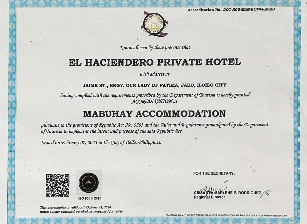 El Haciendero DOT Mabuhay Accommodation Certificate